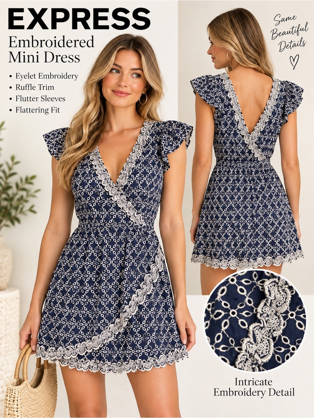 Express XS Navy Eyelet Embroidered Ruffle Trim Cotton Mini Dress